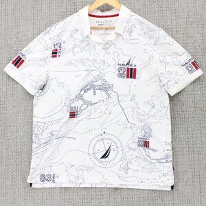 Nautica Navtech Polo Shirt Mens 2XL White Maps All Over Print Exclusive Print